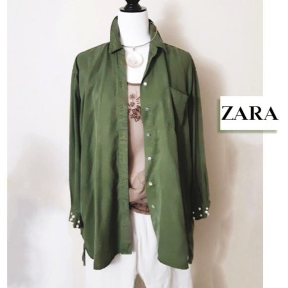 ZARA Forest Green Lyocell Womens Hi-Low Blouse White Pearl Cuffs L-Sleeve Collar - Picture 2 of 14